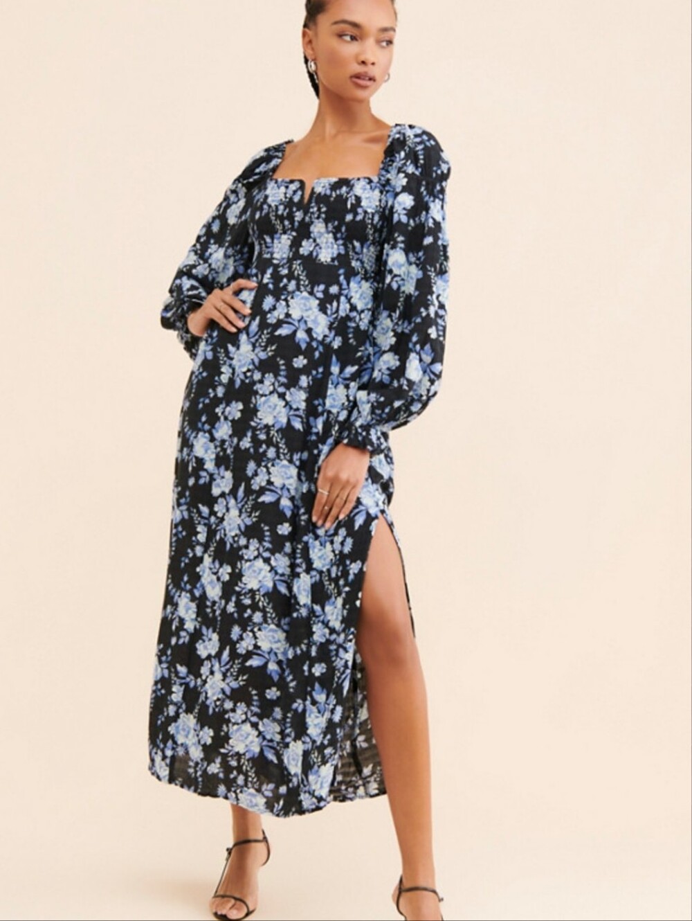 Free People Jaymes Midi Dress Floral Printed Blue Smocked Slit Medium